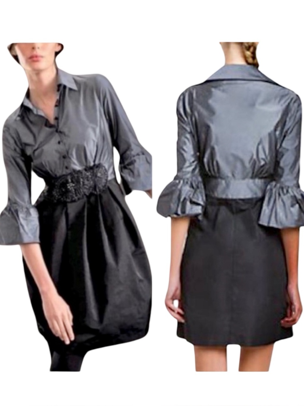 BCBGMAXAZRIA Natasha Embellished Bell Sleeve Taffeta Dress Party